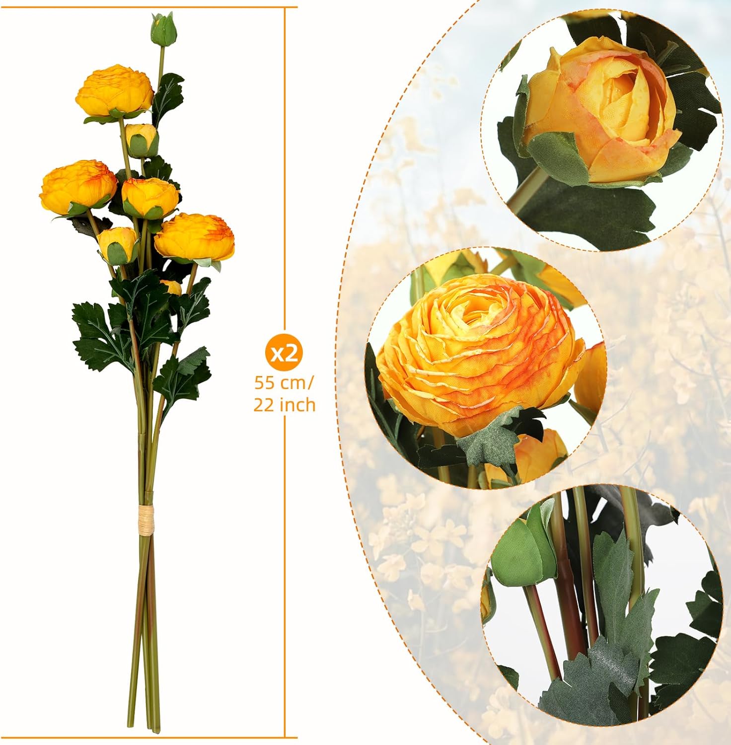 2 Pcs 22inch Fall Ranunculus Artificial Flowers 14 Head Orange Faux Silk Ranunculus Bulk Autumn Fake Wedding Filler Flowers for Home, Wdding, Party, Centerpieces, Bridal Shower Decoration Arrangements - Image 2
