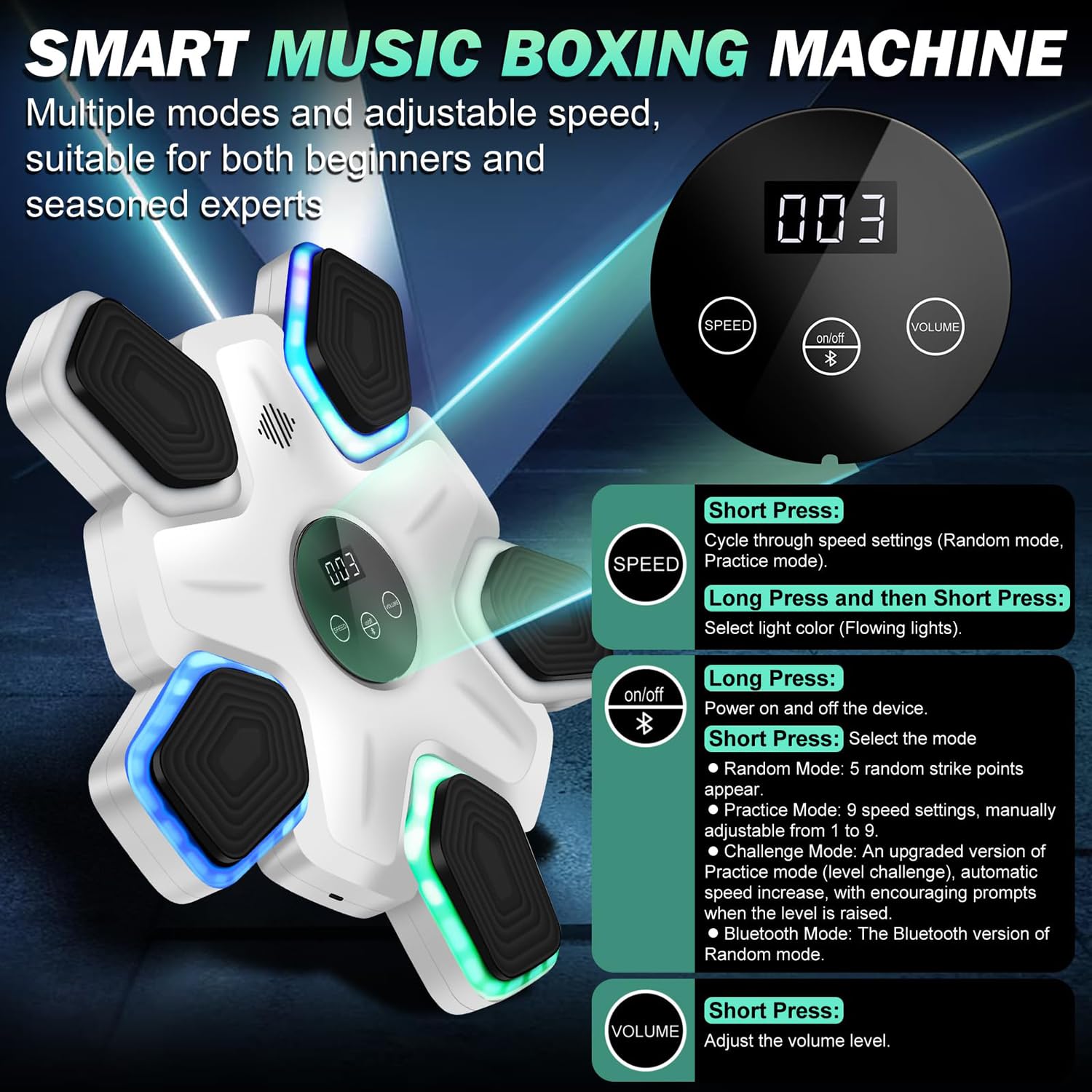 Music Boxe, Punzonatrice da parete con connessione Bluetooth, velocità a 9 livelli e regolazione in 4 modalità, boxe interattiva per bambini e adulti