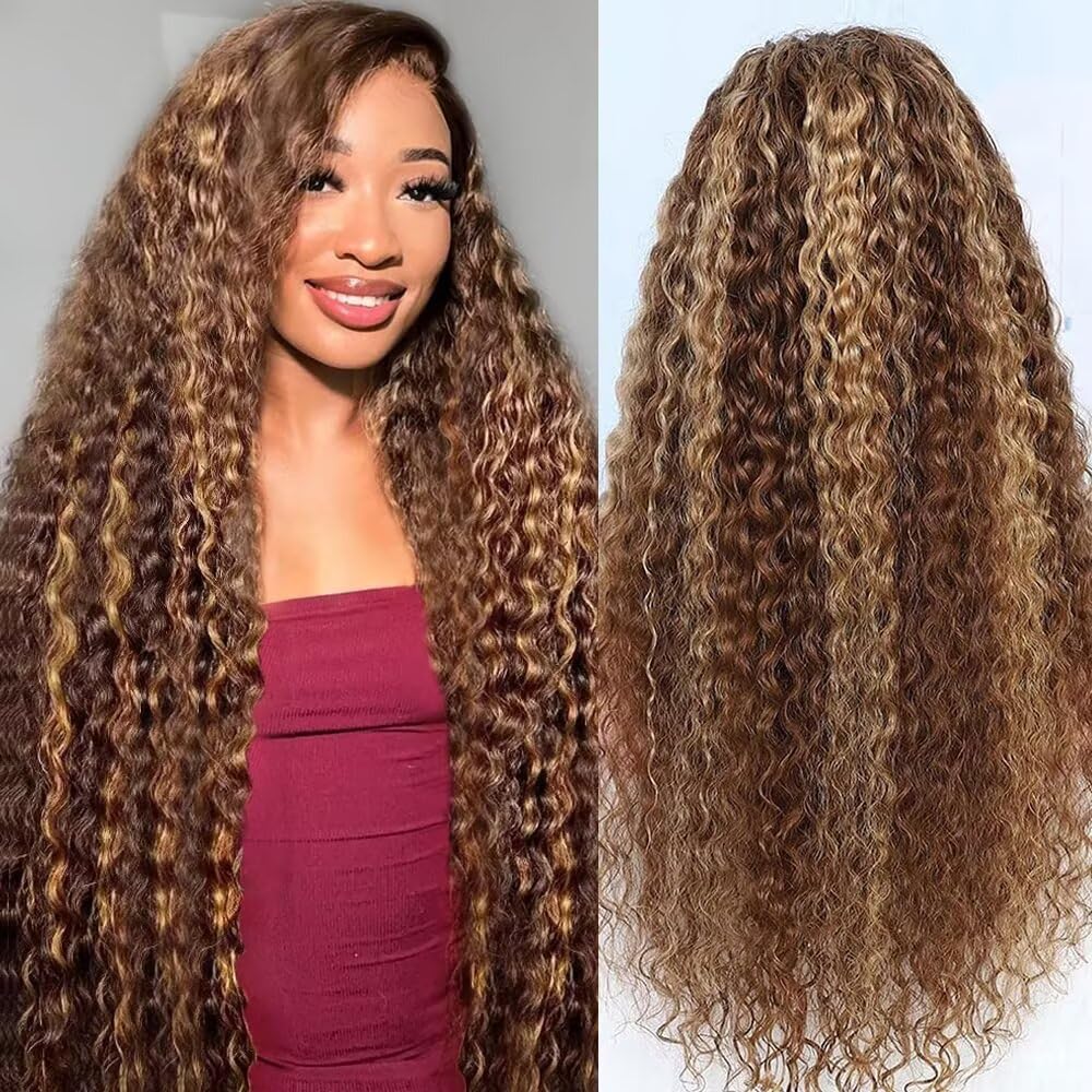 32 Inch Honey Blonde Deep Wave Lace Front Wig Human Hair 13x6 HD Lace Front Wig 200% Density 4/27 Colored Ombre Highlight Pre Plucked Brazilian Virgin Deep Curly Wigs for Women