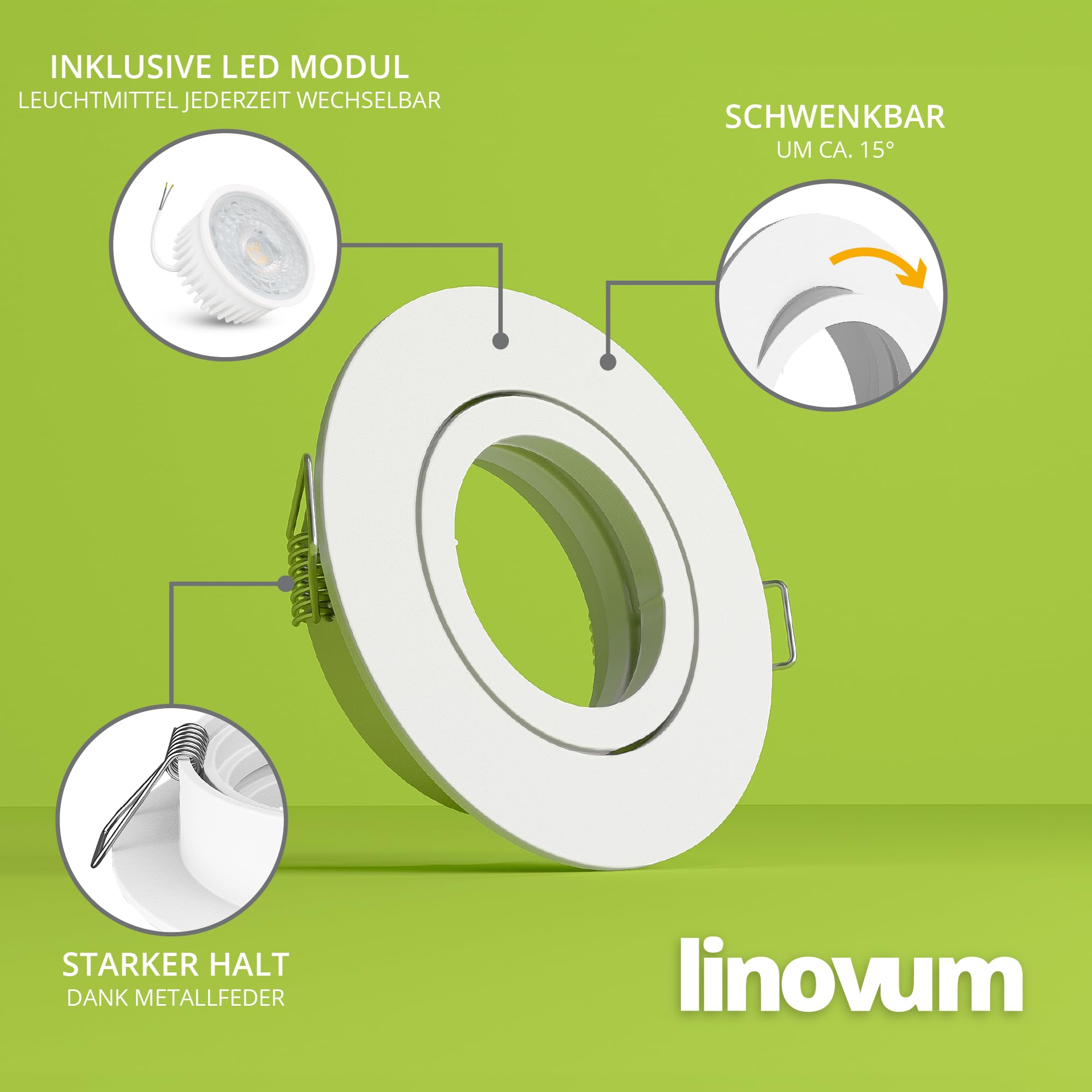 linovum 10x LED extra flache Einbauleuchte Set Form rund schwenkbar weiß lackiert - Einbaustrahler Set mit LED Module 4W Spot warmweiß - Lampe für Flur und Küche