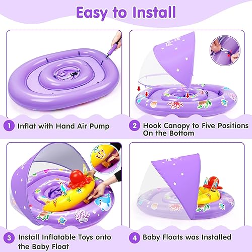 Miniatura 6 de EZIGO Flotador de piscina para bebé con toldo UPF 50+, doble cámara de aire, flotadores de natación con juguetes de sonido, asiento de seguridad