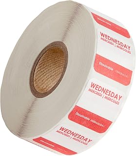 Wednesday Dissolvable Day of The Week Labels, 1 Inch Square, Red Print, Trilingual, Microwave Safe, 1000 Count Roll
