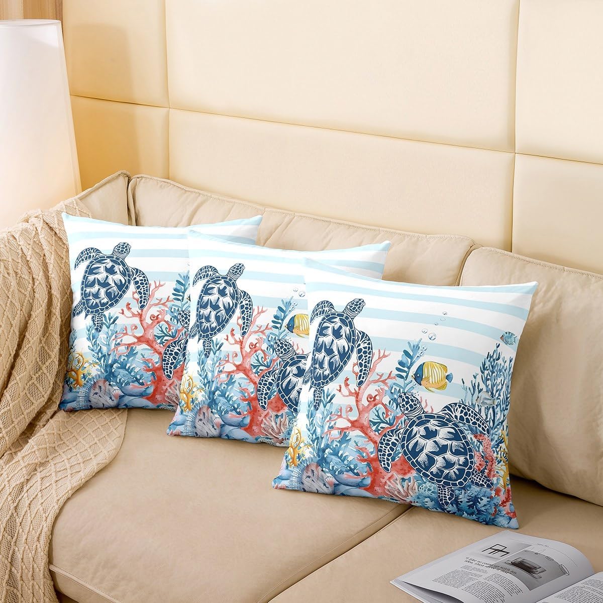 Feelyou Sea Turtle Cushion Case for Kids Boys Girls Coral Pattern Decorative Pillowcase Ocean Theme Throw Pillow Covers 22"x22" Set of 2 Fish Pattern Home Decor