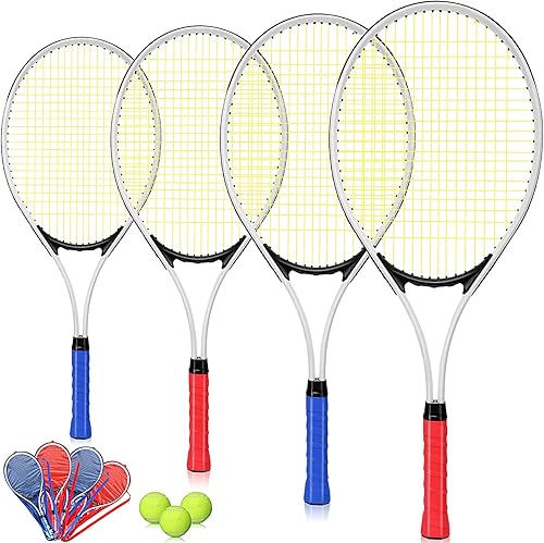 4 raquetas de tenis para adultos recreativas para 4 jugadores, raqueta de tenis ligera de 27 pulgadas con 3 pelotas de tenis para entrenar