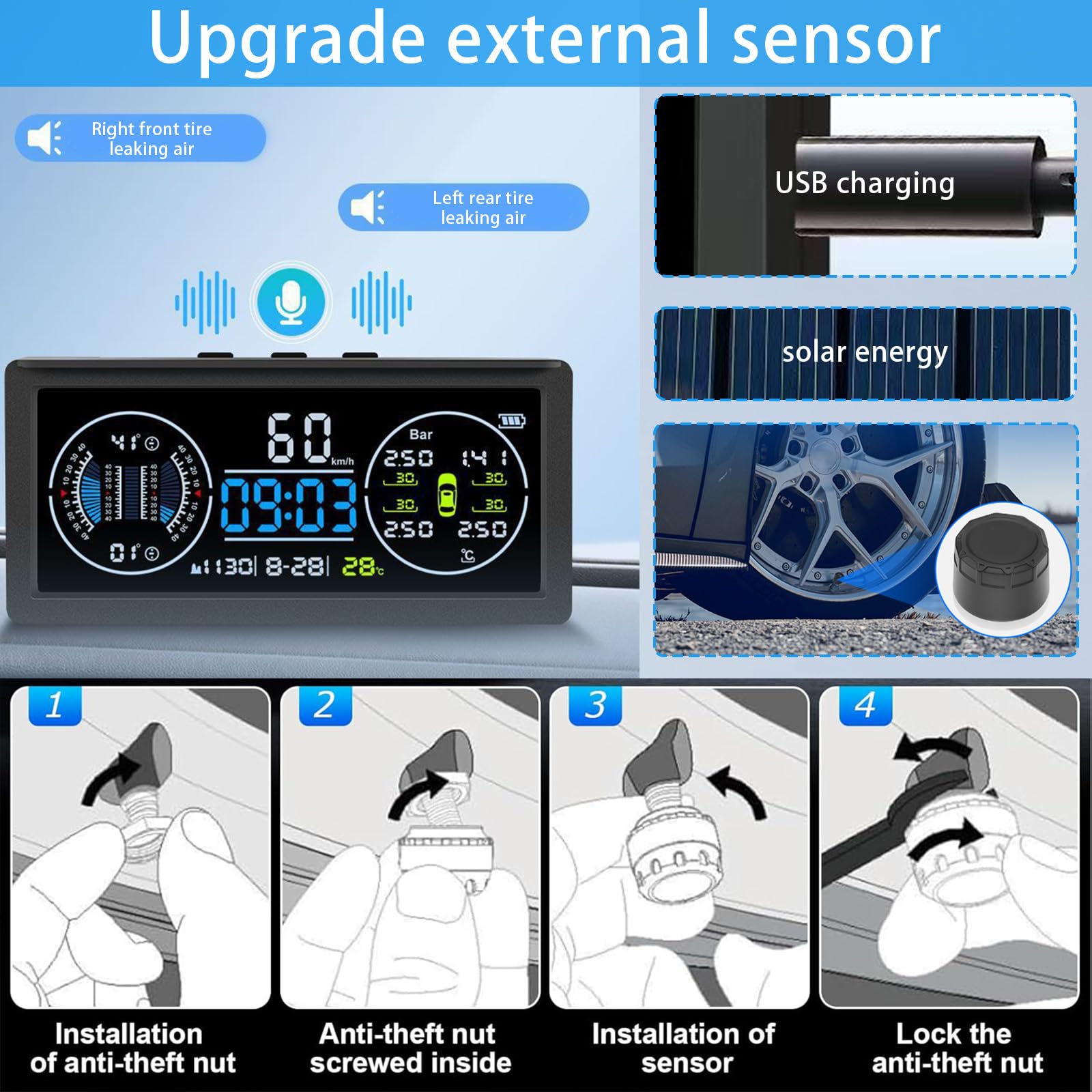 Multifunktional Reifendruckkontrollsystem, TPMS mit 4 Externen Sensoren | Solaraufladung Monitor Universal Geschwindigkeit mit Farbiger LCD Anzeige 9.9BAR/199Psi für Van RV LKW SUV