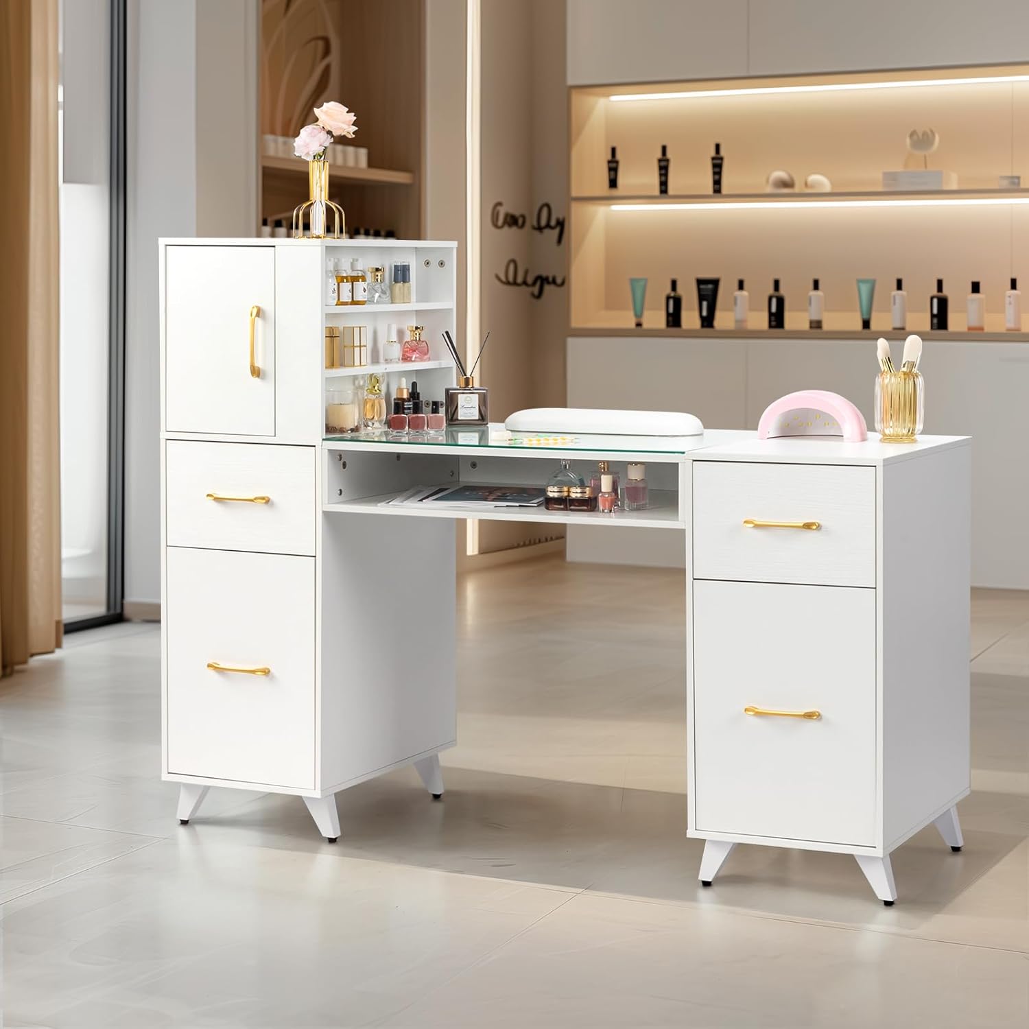 Manicure Table Nail Makeup Desk Station for Nail Tech, Modern Beauty Salon Workstation Nail Art Equipment Nail Supplies Decor Workstation with Glass Top & Drawers & Side Shelves (White)