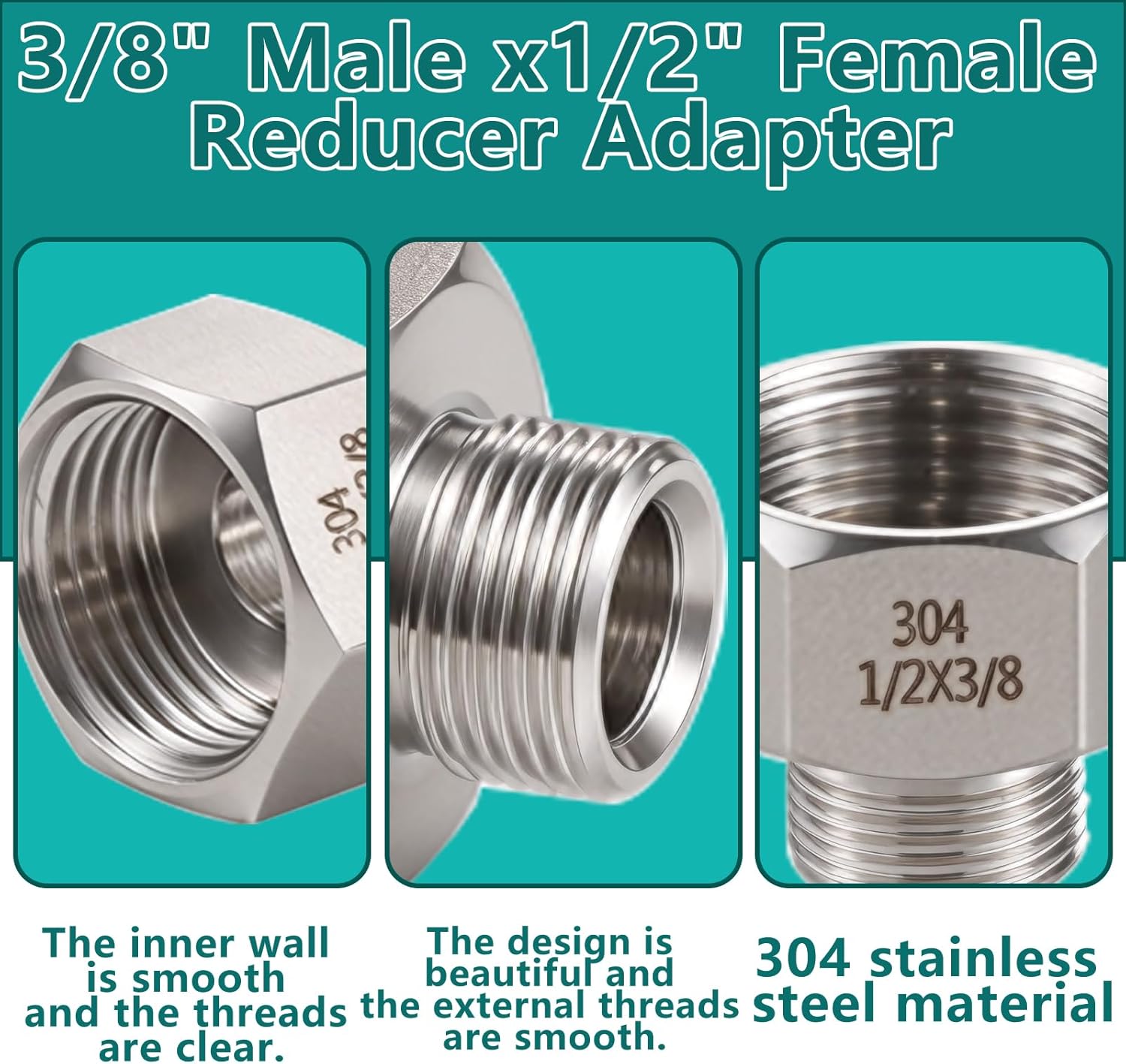 304 Stainless Steel Water Line Adapter （Lead-Free）, 1/2 Female to 3/8 Male reducer adapter - Compression Fittings for Kitchen Bathroom Faucet Supply Hose,Stop Valve Pipe Connector With Rubber Washer