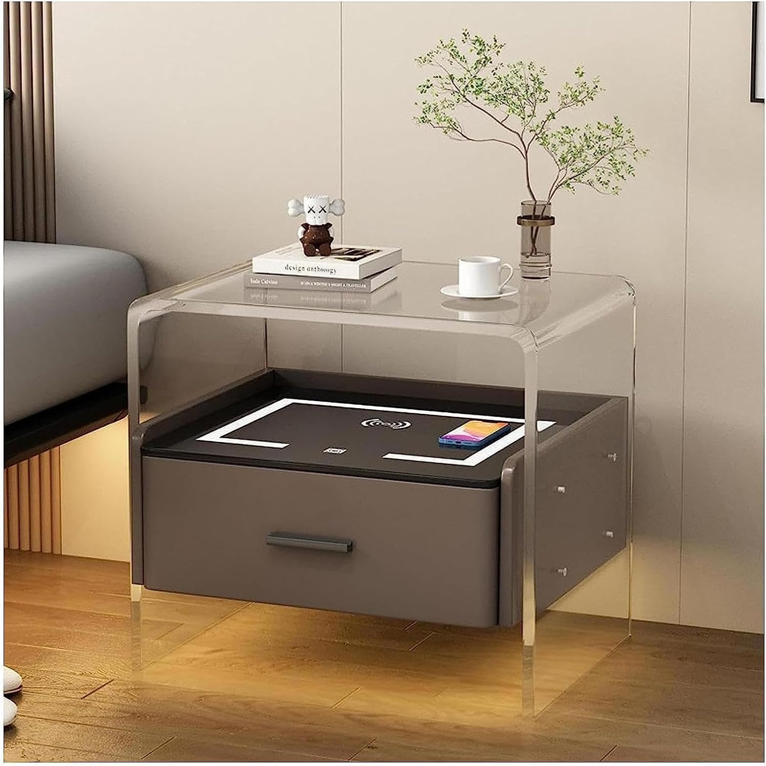 Table de chevet intelligente : meuble d'appoint acrylique avec chargeur sans fil et LED