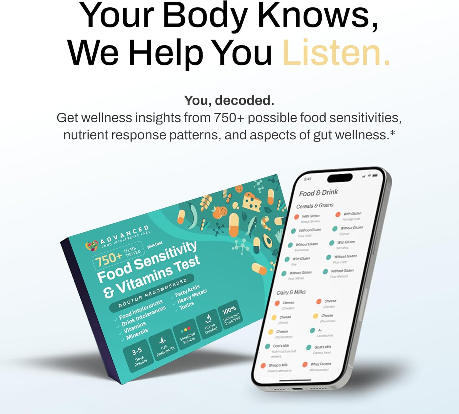 AFIL Upgraded 750+ Foods, Drinks, Vitamins, At-Home Wellness Test Kit, Trusted Hair Analysis for Adults & Kids, At-Home Health Non-Invasive, Gluten Wellness Insights