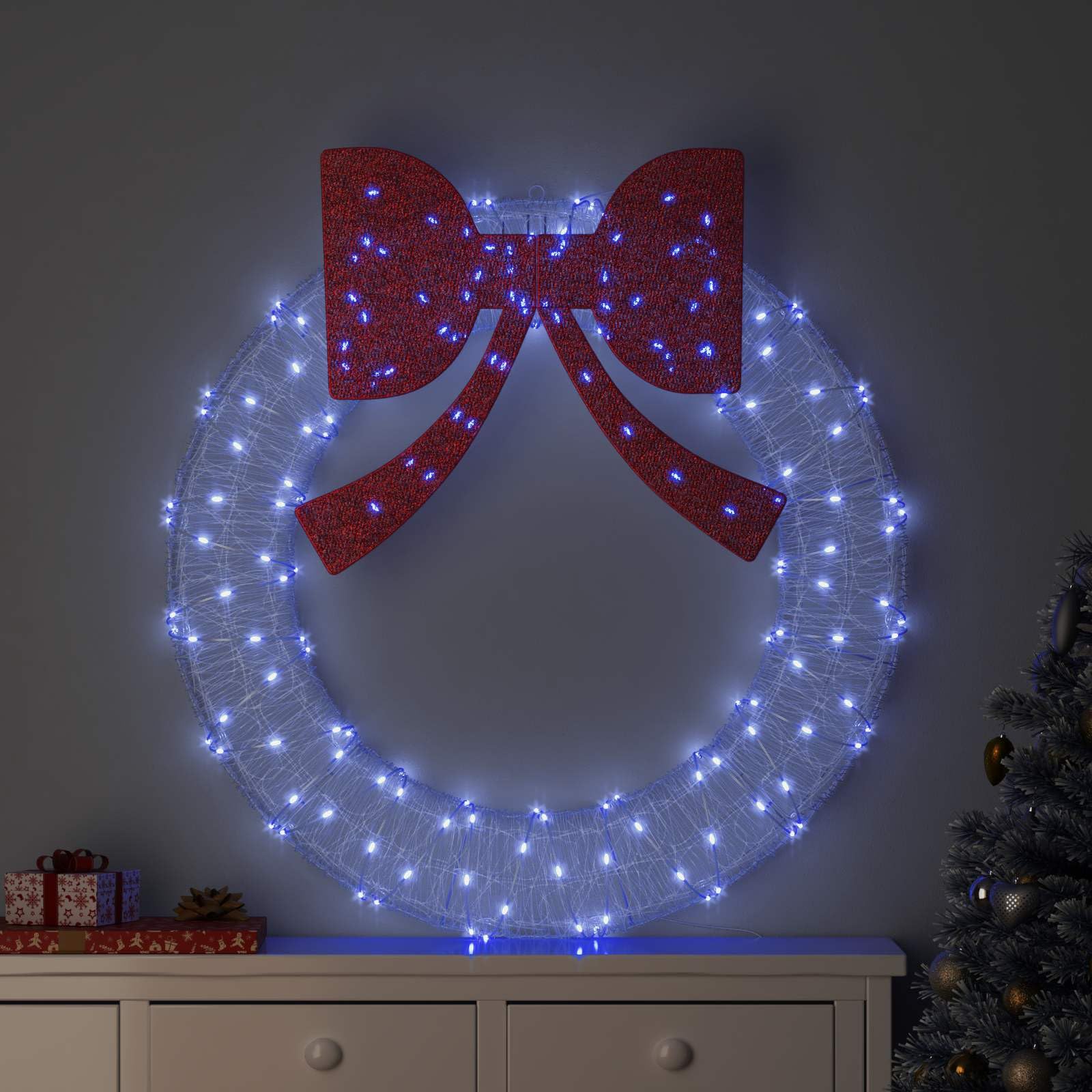 Mangloder Couronne bleue en acrylique avec 150 LED, 120 cm, décoration de Noël, alimentation USB, télécommande, nœud scintillant, pour intérieur et extérieur protégé, look moderne de l'Avent et