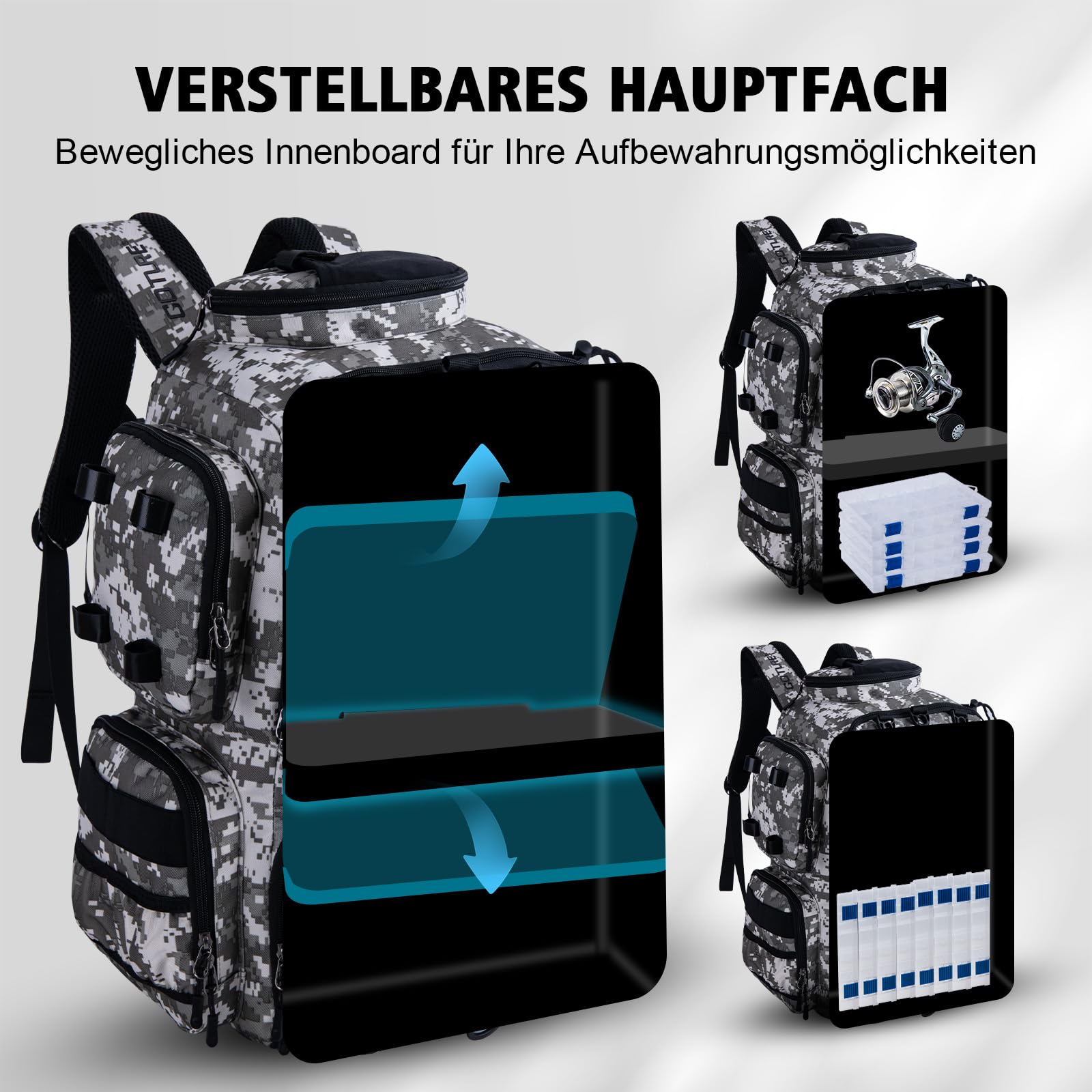 Goture Angelrucksack mit 4 Köderbox Angeln, 45-Liter Angelzubehör-Rucksack mit Zwei Rutenhaltern und Regenschutz, 900D Oxford-Gewebe Wasserabweisende Angelgerätetasche mit verstellbarem Fach
