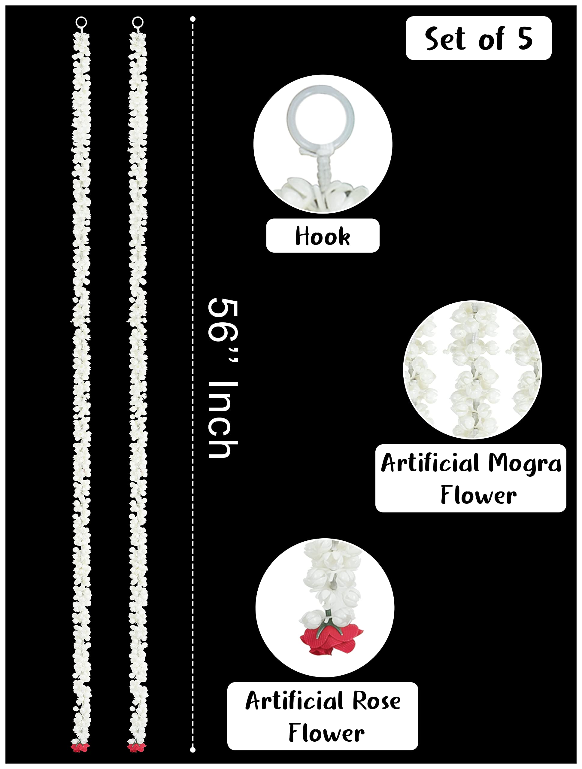 Christmas Decoration Flower Garland Strings Set of 5 Pcs Decorative Hanging Ornaments Wall/Door Artificial Mogra Flower Garlands for Home Entrance Diwali Festival Wedding DÃ©cor Toran (White)