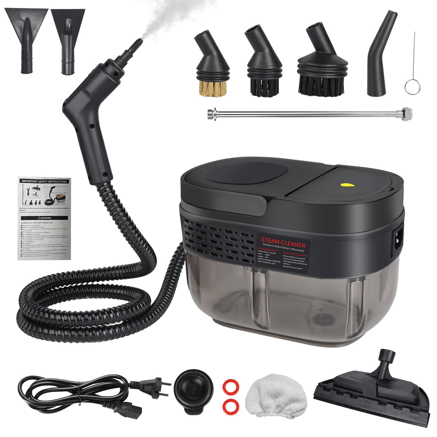 2500W Dampfreiniger Handgerät mit Digitalanzeige, Hochdruck Dampfreiniger für Zuhause, Handdampfreiniger mit Aufsätzen für Sofa, Fliesen, Küche & Bad, Steam Cleaner mit Bürstenaufsätzen (Schwarz)