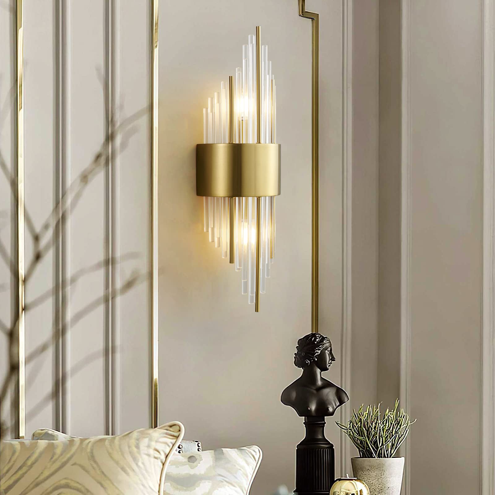 SANBDDLYY Applique Murale LED à 2 Lumières à Long Tube Doré For Couloir Linéaire En Métal Noir For Salle De Bain, Barre Lumineuse De Chevet, Lampe Murale De Nuit For Chambre à