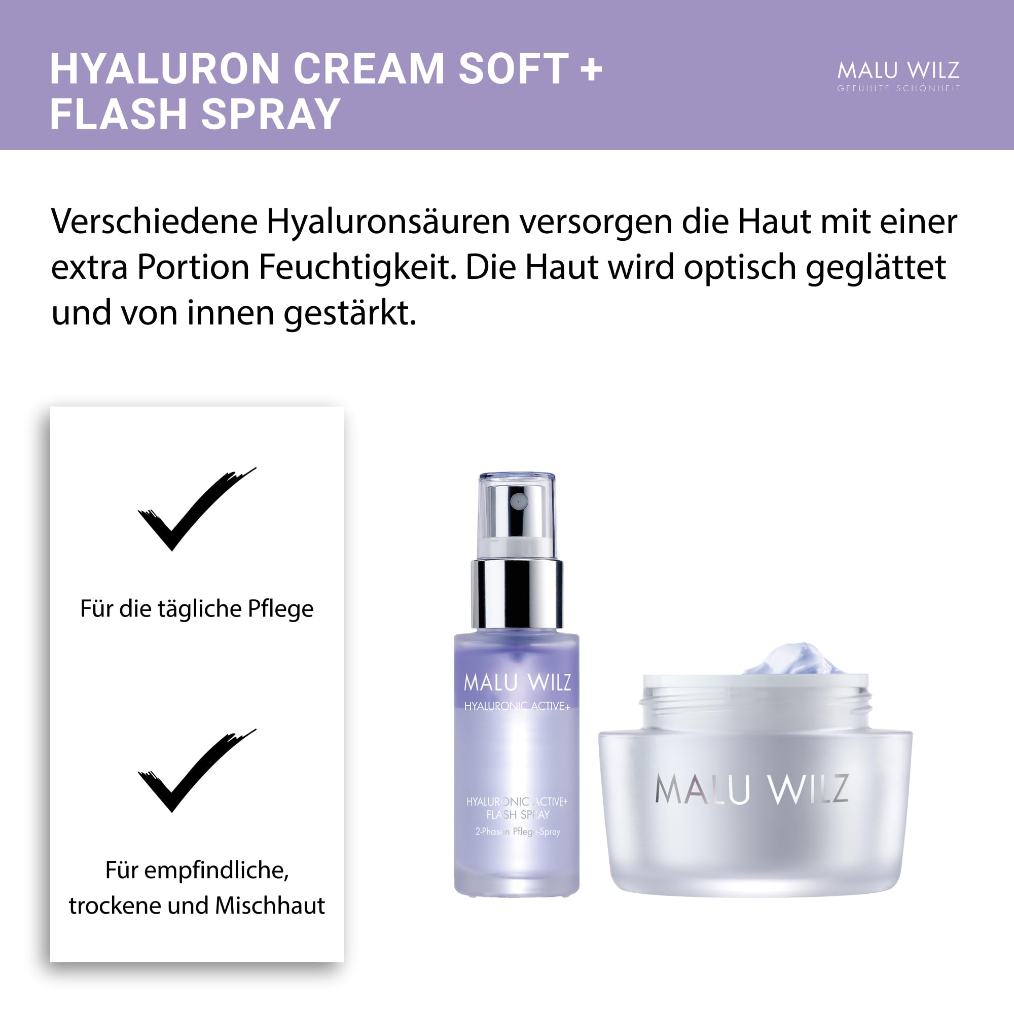 Malu Wilz Bundle Hyaluronic Active + Cream Soft + Flash Spray I Erfrischende Skincare Gesichtspflege-Creme Set I Creme 50ml + Serum Booster 30ml
