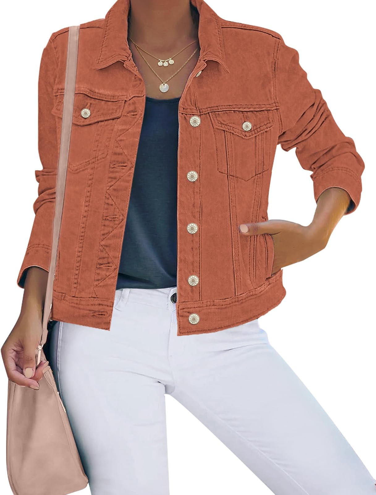 luvamia Women's Basic Button Down Stretch Fitted Long Sleeves Denim Jean Jacket