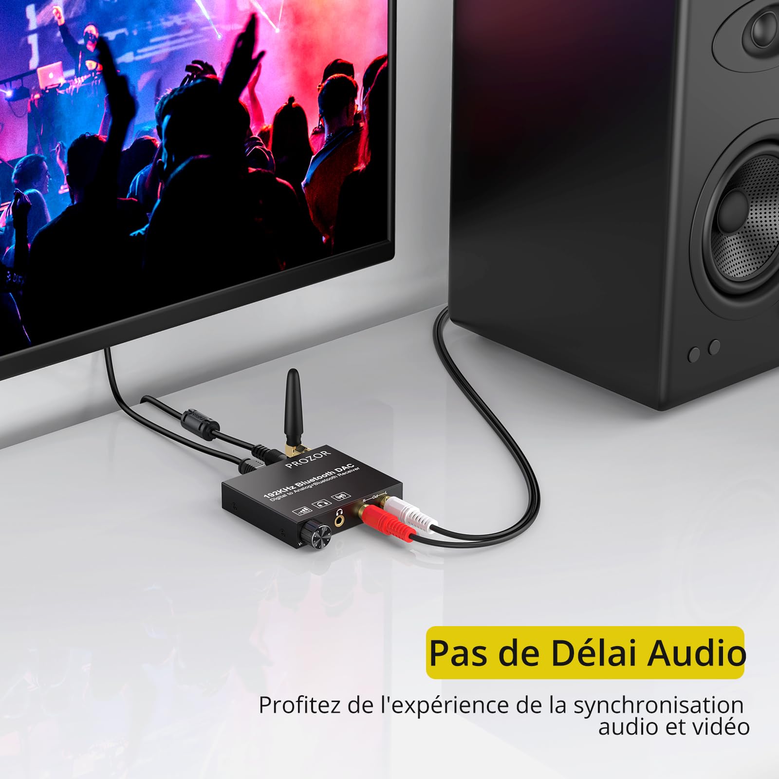 PROZOR Convertisseur DAC 192 kHz Bluetooth 5.0 Récepteur avec Volume Réglable Adaptateur Optique Jack 3,5mm Audio Stéréo L/R Digital Toslink vers Stéréo L/R RCA avec Optique Câble