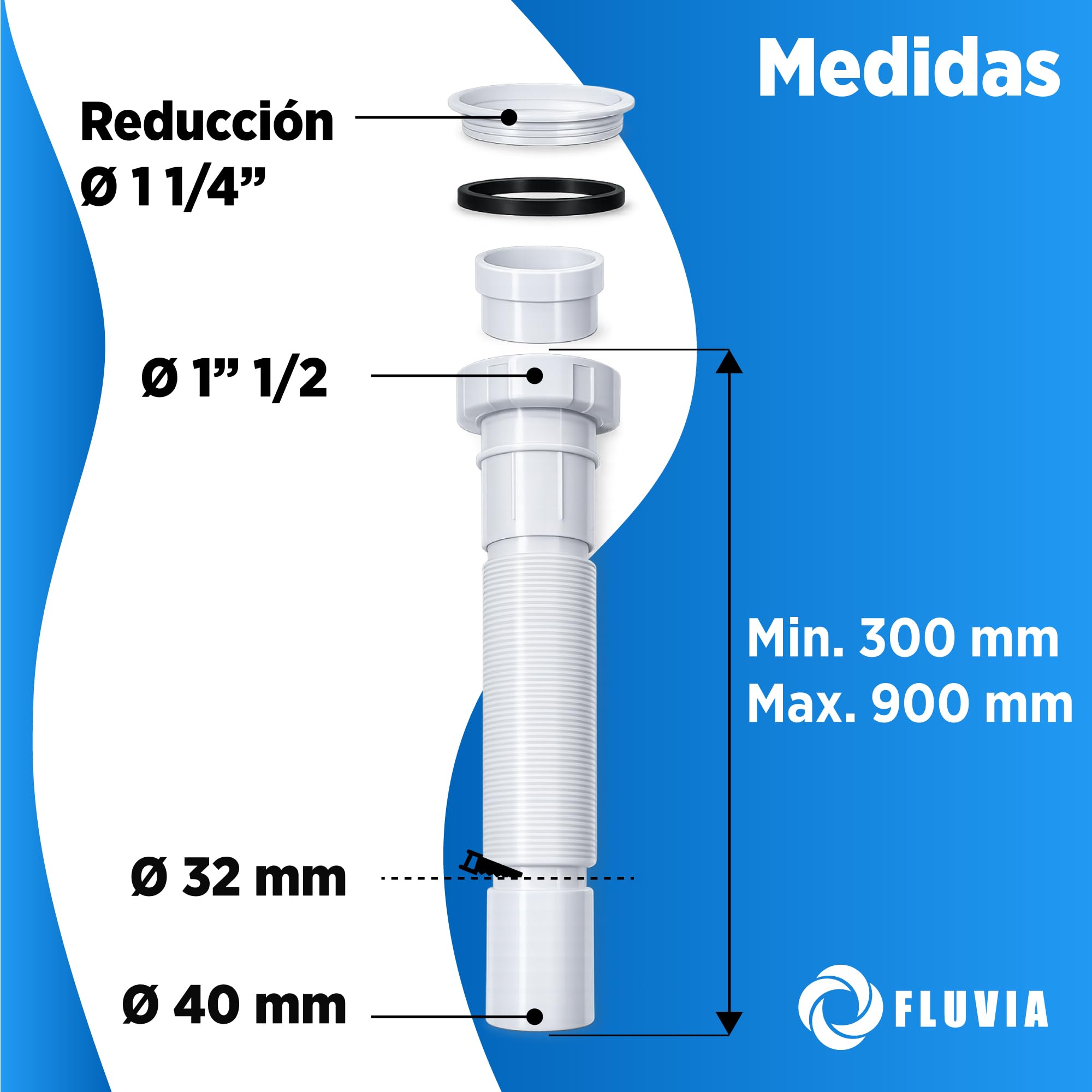 Sifon Tubo Flexible Extensible Universal para Lavabo Fregadero Cocina Desague 1 1/4" y 1 1/2" Salida 32 40 mm Tubo Ajustable Antiolor Bide Baño Instalacion Rapida PVC Resistente