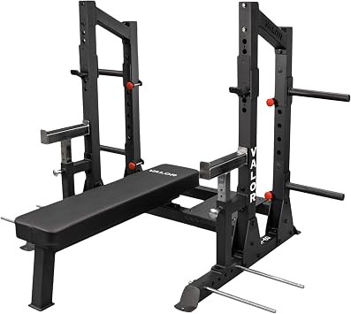 Valor Fitness Competition Bench Press Rack with Spotter Stand, Adjustable Safety Arms, J-Hooks & Band Pegs, Heavy-Duty Olympic Bench Press Station for Powerlifting, Strength Training & Home Gym Use, 1000 LB Capacity