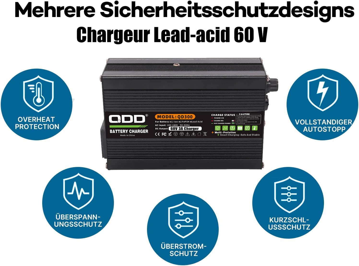 QDD Chargeur 60V 3A Chargeur de Batterie au Plomb 60V Chargeur au Plomb 69V Sortie C13 Prise Utilisée pour la Batterie au Plomb 60V AGM Gel VRLA OPZV