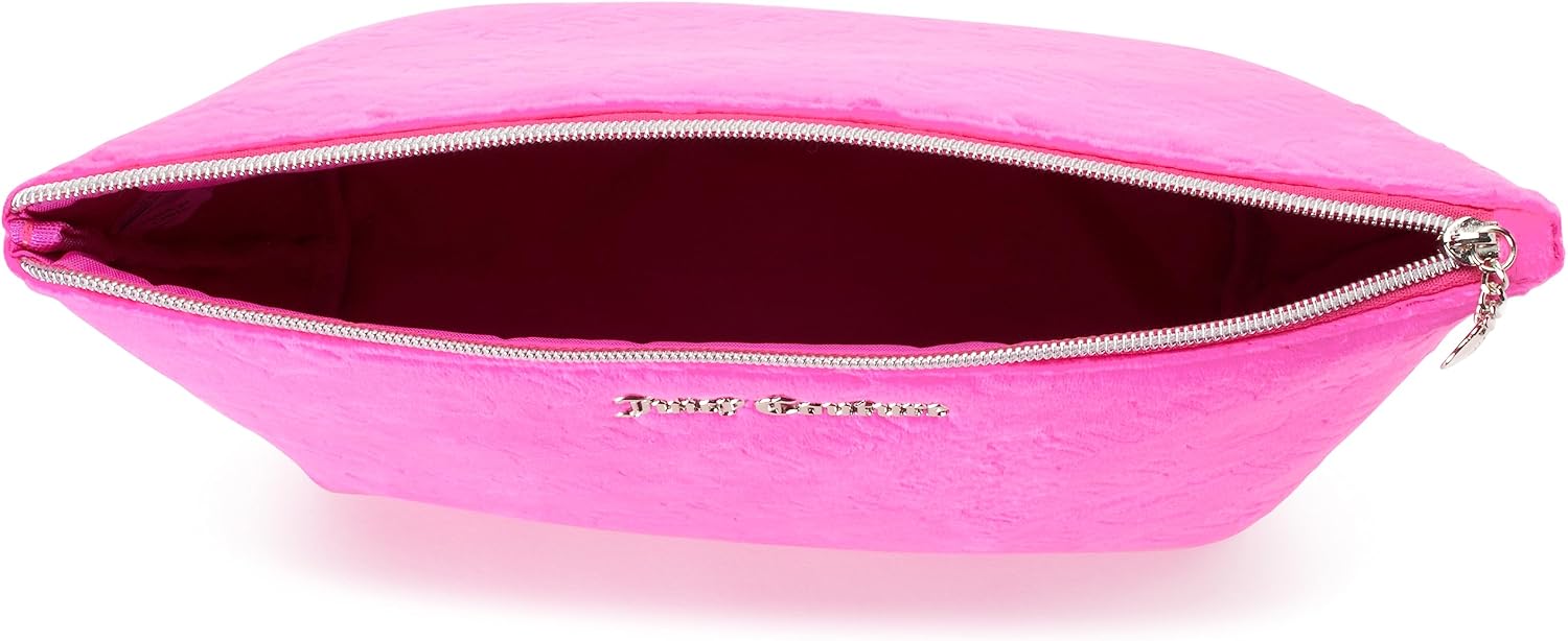 Juicy Couture Pink Makeup Bag Cosmetics Organizer Travel Essentials Zip Top Wedge Velour Heart Love