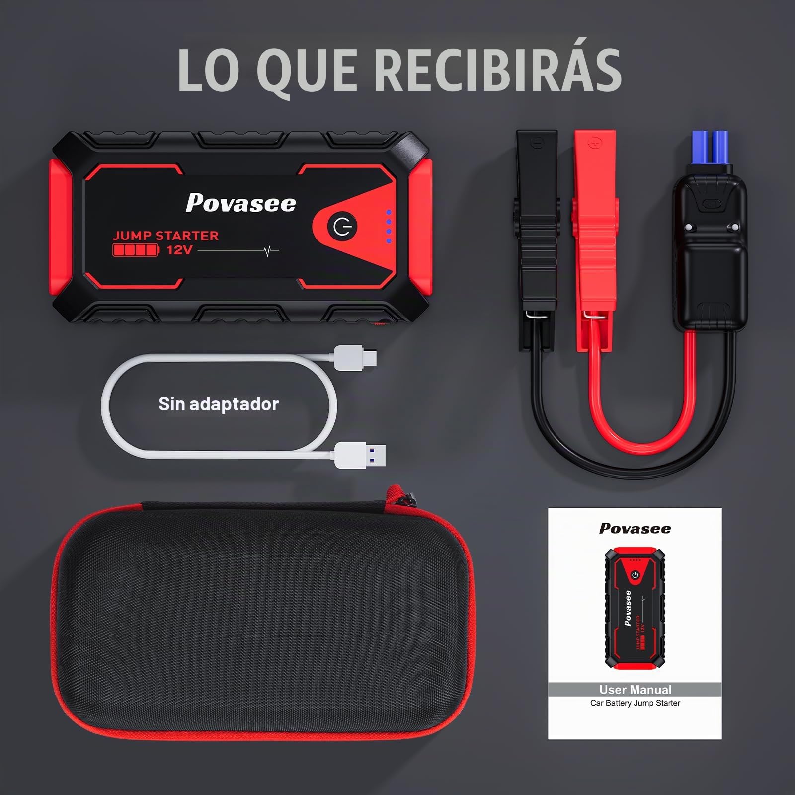 Povasee Arrancador de Baterias de Coche, 5000A Arrancador de Coches para Vehículo 12V (hasta 10L Gas/8L Diésel), Booster Arrancador con LED y 2 Salidas USB, Arrancador Bateria con Cables de Salto