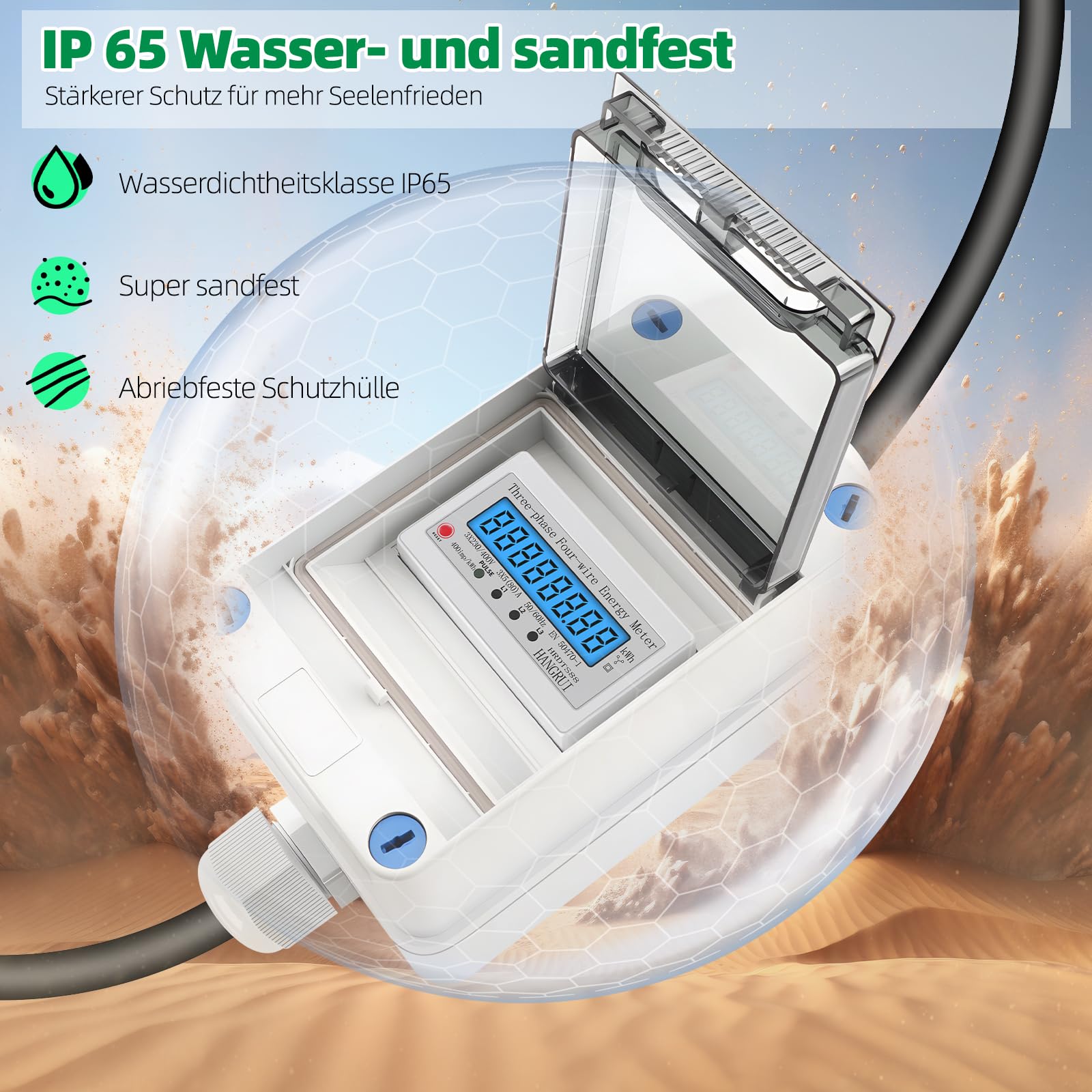 Mobiler Digitaler Stromzähler 3 Phasen 16A 400V CEE Stecker Kupplung IP68 2m Kabel