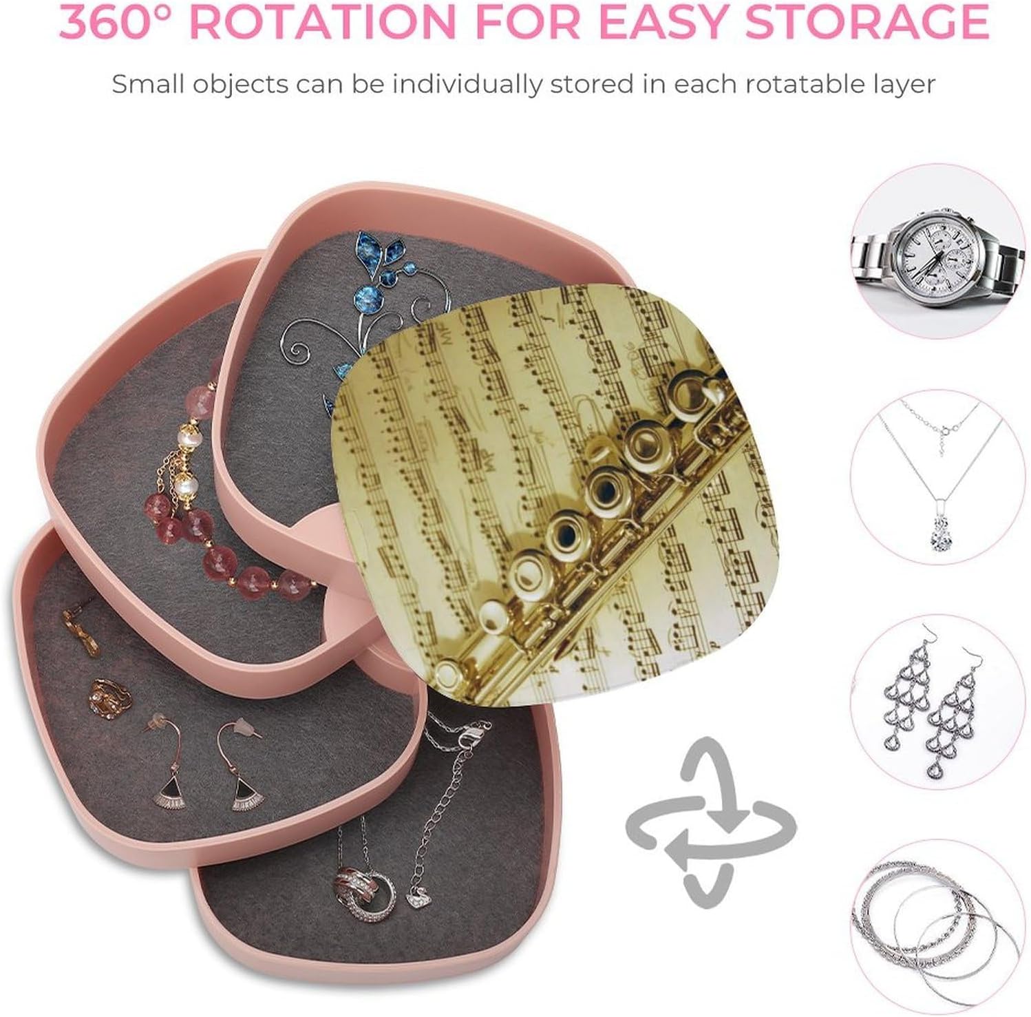 Flute Music Jewelry Box, 4-Layer Covered Rotating Jewelry Storage Box Large Capacity Portable Storage Boxes for Bracelets Earrings Necklace image 4