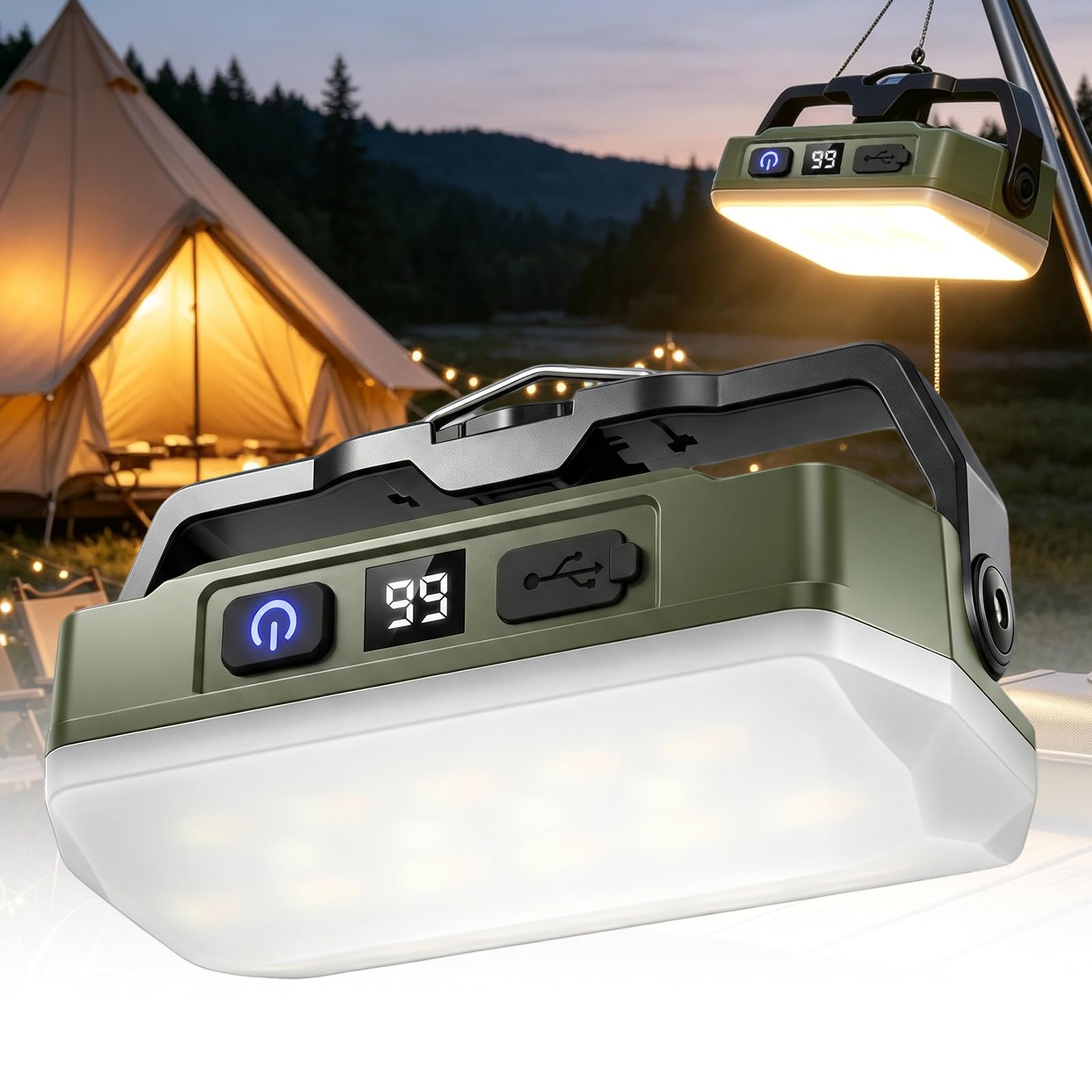 Solar Camping Lights Rechargeable, Portable LED Camping Lantern, 5 Light Modes Dimmable Tent Lights for Camping, Waterproof Camping Light with Magnet & Hook, Camping Lamp for Hiking Fishing Emergency