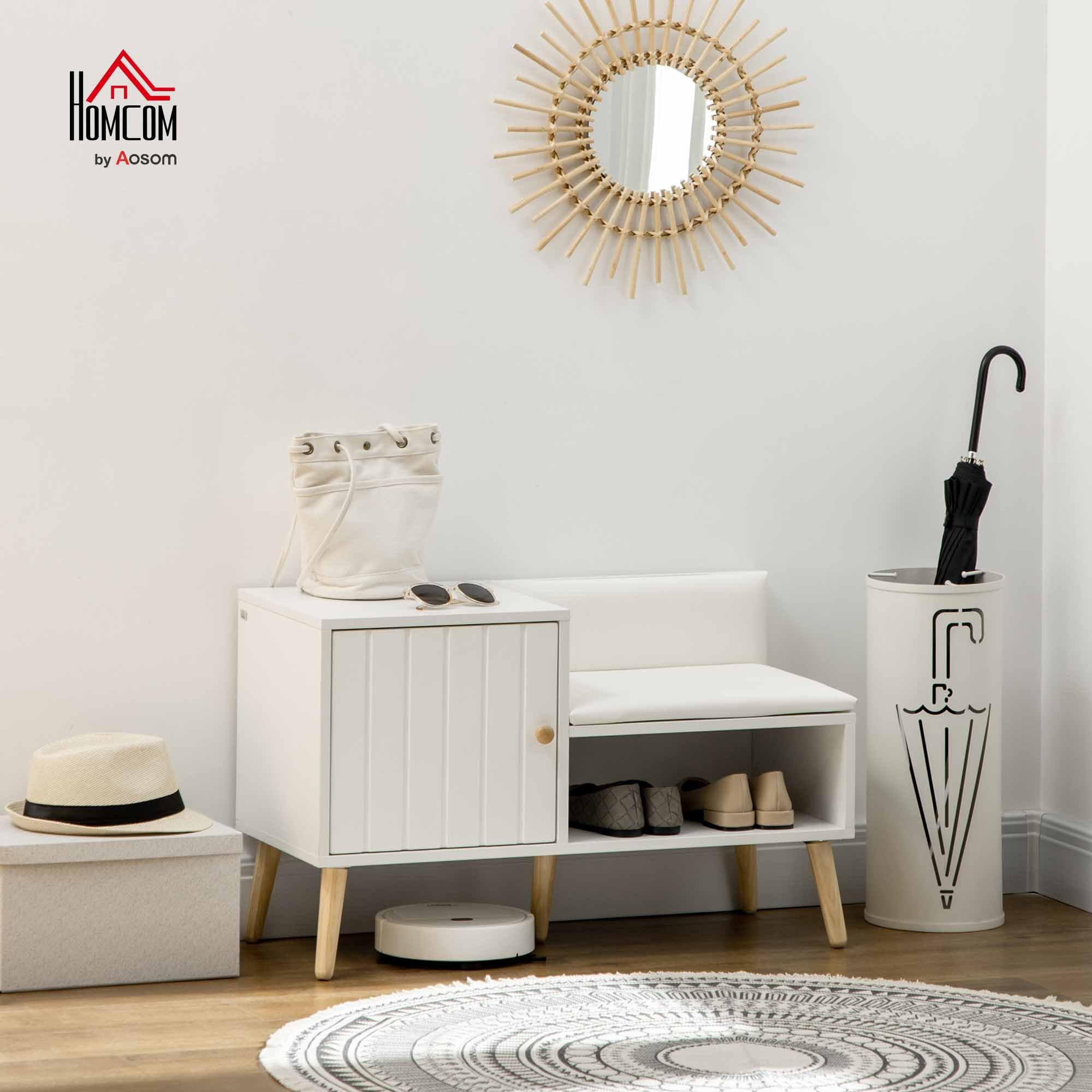 HOMCOM Panca Scarpiera da Ingresso Salvaspazio con Seduta Imbottita, Ripiano Aperto e Armadietto per 4 Paia di Scarpe, Corridoio, Camera da letto, Soggiorno in Legno, 80x33x49cm, Bianco