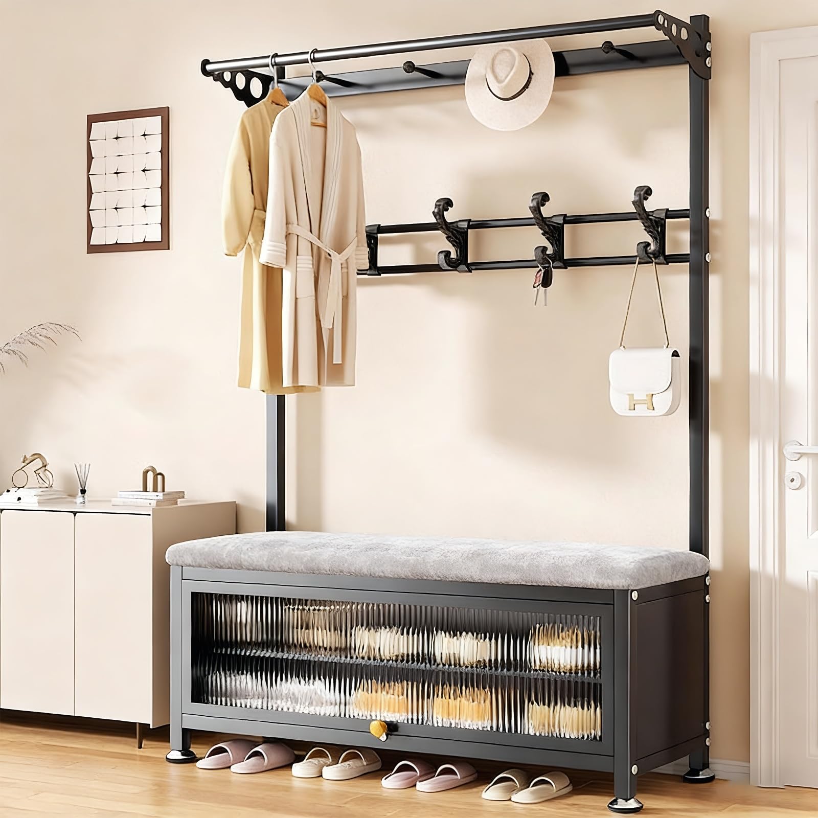 FGXHHS Multifunctal Hall Tree with Bench & Shoe Sto, Entryway Coat Rack Hoo Flip-Down Cabinet, Black Foyer nizer (39.4" L x 14.2" W 67.7" H)