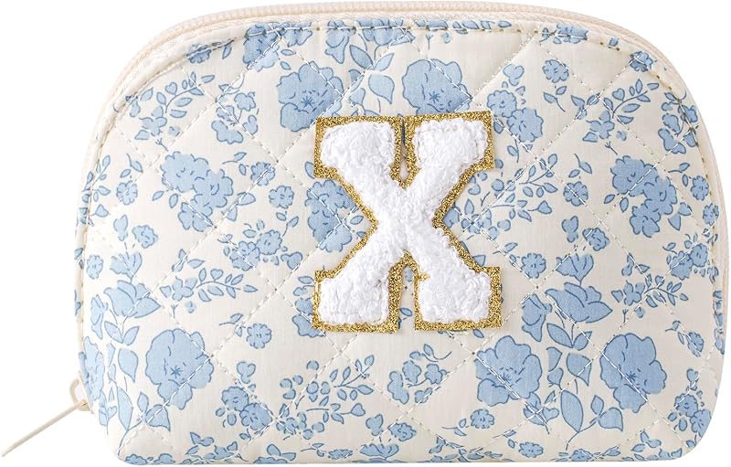 Necessaire de maquiagem WHHJM em algodão matelassado com estampa floral azul e zíper, modelo X