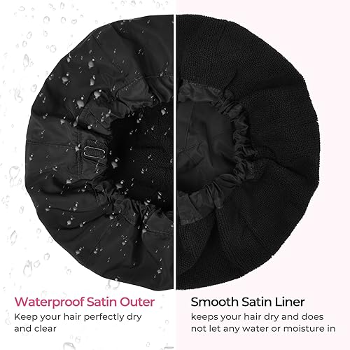 Miniatura 5 de Gorro de ducha para mujer, gorro de baño negro, reversible, grande, impermeable, ajustable, forro de rizo y banda elástica, dobladillo elástico