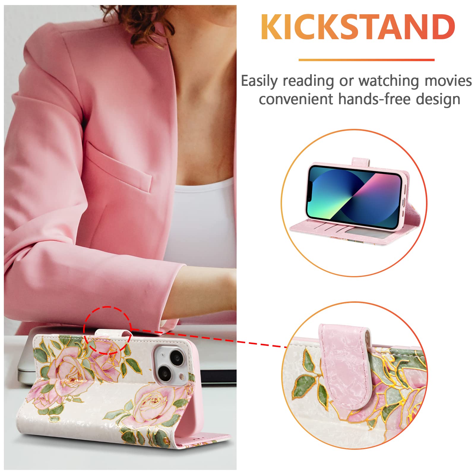 UEEBAI Wallet Case for iPhone 13 6.1 inch, PU Leather Phone Case Kickstand RFID Blocking Flip Case with Card Slots Wrist Strap Relief Engraved Pattern Magnetic Closure Folio Case - White Rose