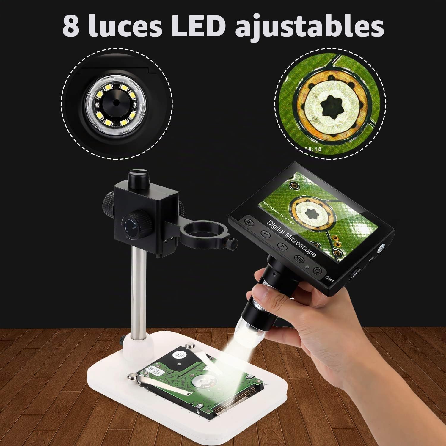 WADEO Microscopio Digital LCD de 4,3 Microscopio Portátil con Vista de PC 1000X, Incluye Tarjeta de 32 GB, con 8 LED y Soporte metálico, Compatible con MacOS y Windows, para Trabajos Reparaciones