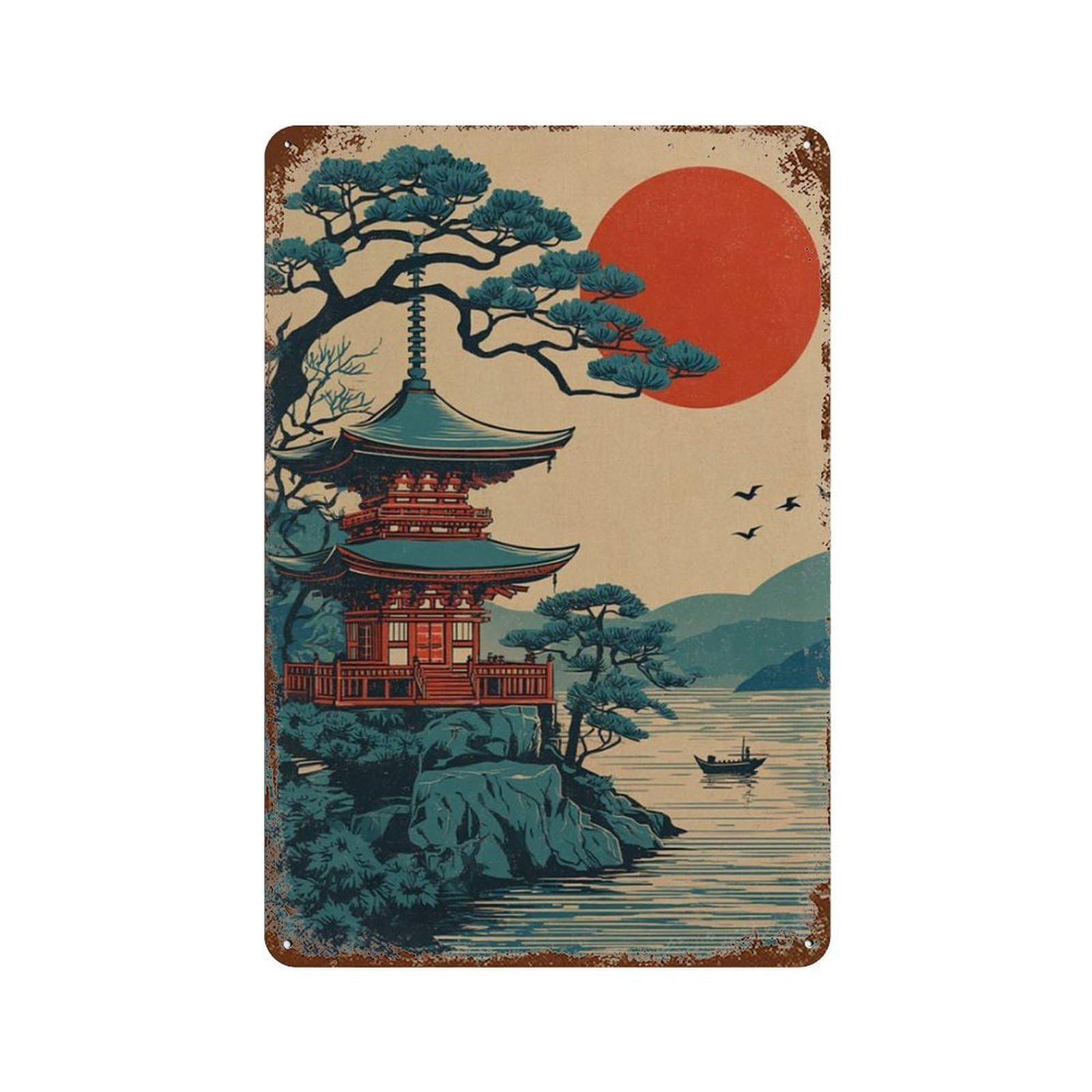 xiaoxiaoshen Japanese Pagoda Lake Red Sun Landscape Asian Scenic Wall Decor Art Metal Tin Poster Modern Home Decor Art Home Bar Shop Decorations Vintage Sign 30x20cm