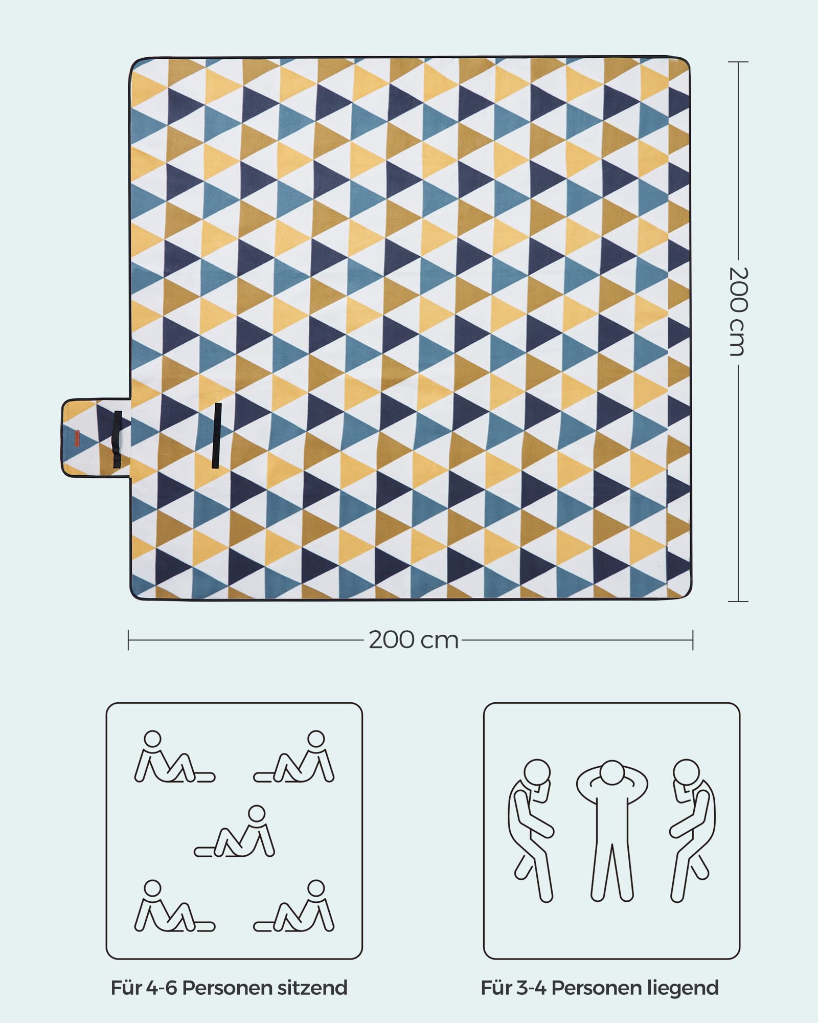 SONGMICS Picknickdecke, 200 x 200 cm, groß, Campingdecke, für Park, Garten, Strand, wasserdicht, faltbar, gelbe und Blaue Dreiecke GCM76S
