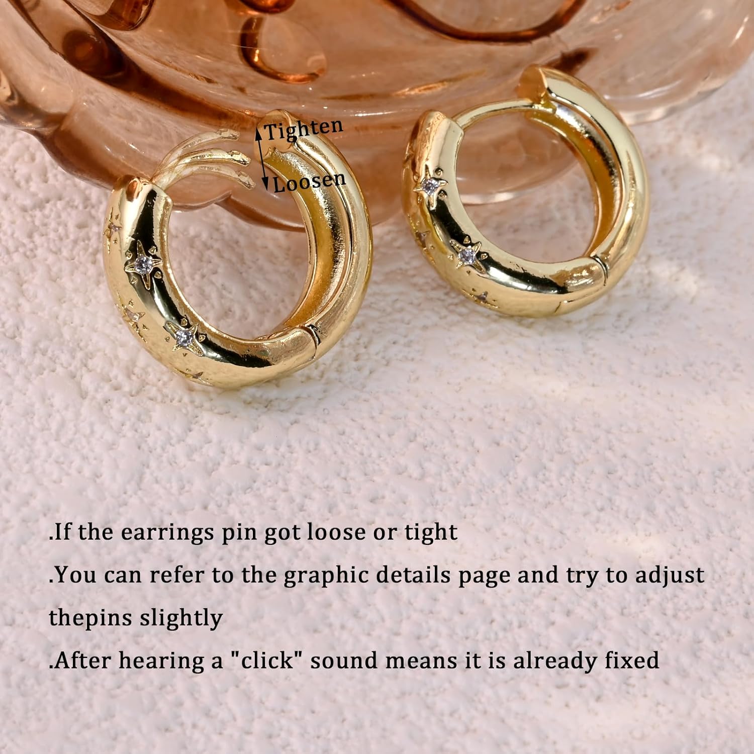 Gold Plated Chunky Huggie Hoop Earrings for Women, Star Designed CZ Small Thick Hoop Earrings - Image 6