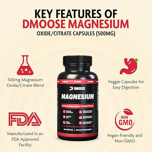 Miniatura 4 de DMoose - Suplemento de magnesio para hombres y mujeres, cápsulas minerales de citrato de magnesio para un tú más saludable, cura el estreñimiento y