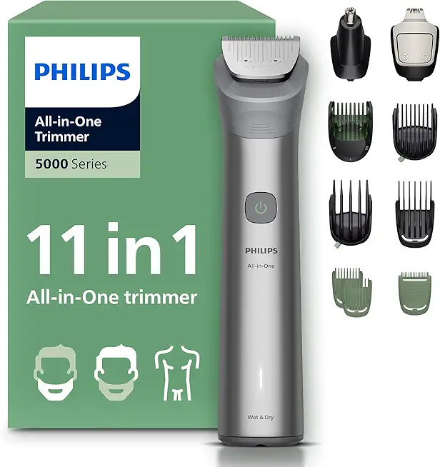 PHILIPS Multigroom Series 5000 All-in-One 11-teiliger Barttrimmer und Haarschneider für Gesicht, Kopf und Körper, selbstschärfende Metallklingen, 17 Längeneinstellungen (0,5-16 mm), Modell MG5951/15