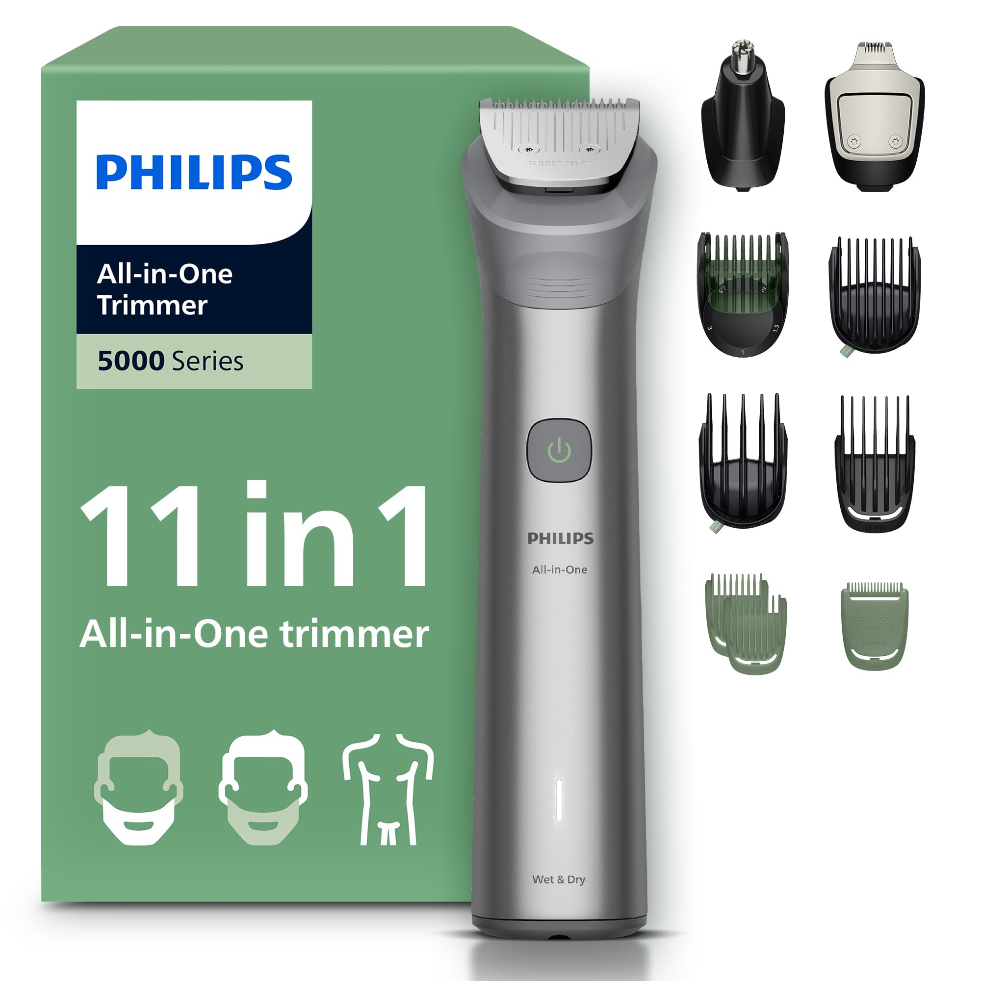 Philips Multigroom 5000-serie Alles-in-één 11-delige Trimmer – Scheerapparaat & Tondeuse voor Gezicht, Hoofd & Lichaam, Zelfslijpende, Volledig Metalen Mesjes, 17 Lengtestanden (0,5-16 mm), MG5951/15