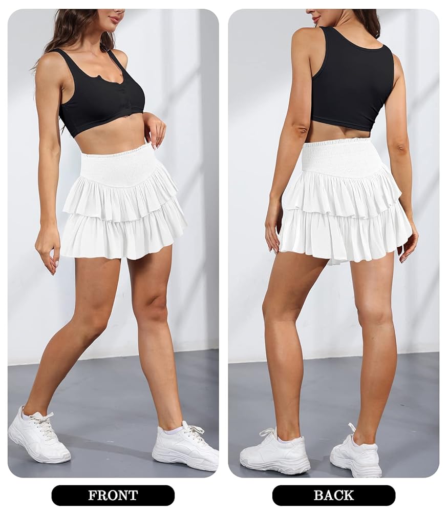 【BAON】Pretz Banding String Check Frill Layered Skirt Pants Women Tulle Pants Ruffle Solid Ruched High Waist Layered