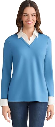 Jones New York Womens Plus-Size Long Sleeve Knit with Poplin Collar
