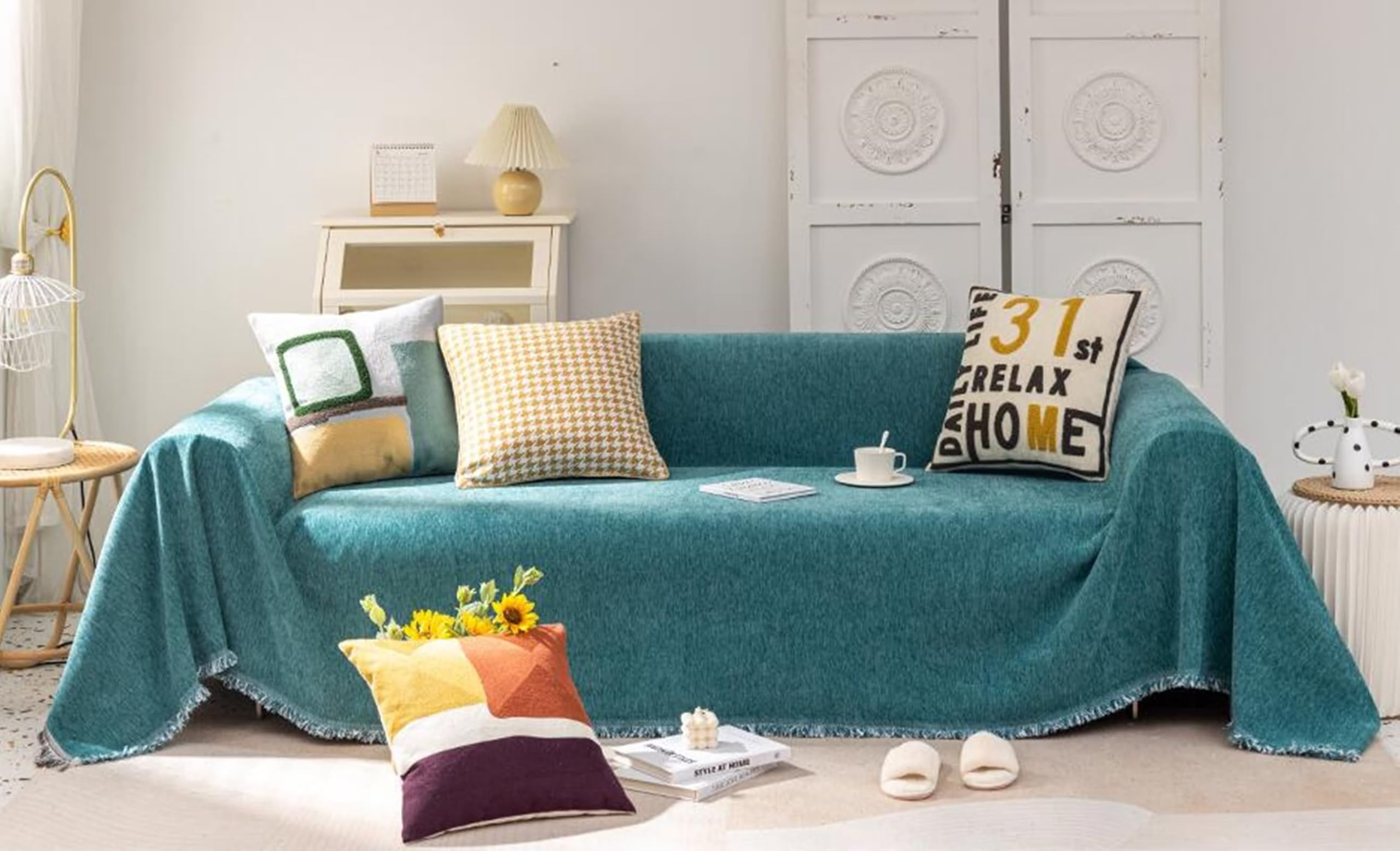 Couvre Canape Grande Taille Vert, Housse de Canapé Une Place Couleur Unie avec Franges Chenille 180x200cm