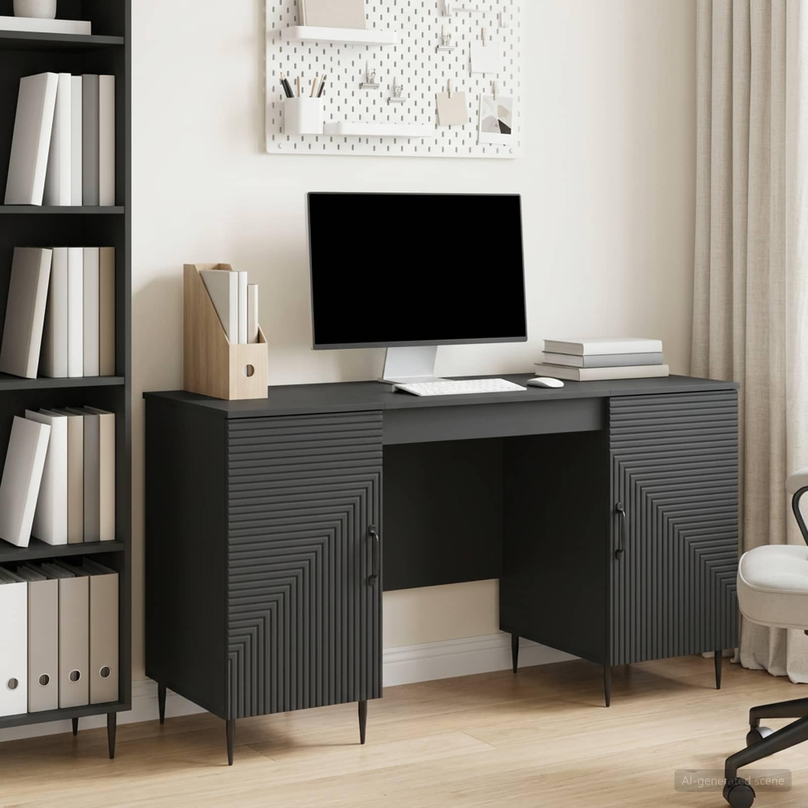 Scrivania nero in legno ingegnerizzato 142,5 x 50 x 75 cm con ripiani e porte girevoli per ufficio studio casa smartworking gaming