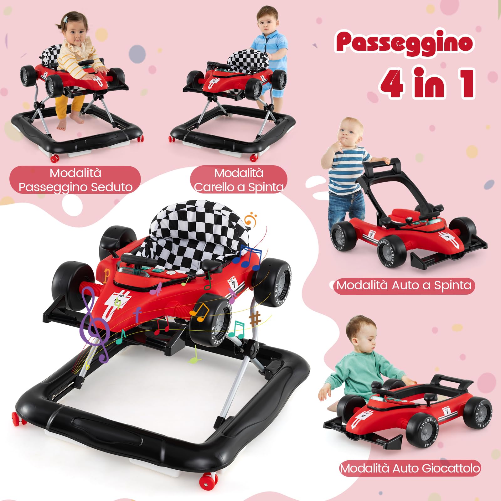 RELAX4LIFE 4 in 1 Girello a Spinta Primo Passo per Bambini da 6 a 18 Mesi con Luci e Suoni, Velocità e Altezza Regolabili, Portata 12 kg, 64x73x50,5/55,5 cm (Modello 2-Rosso) (ROSSO)