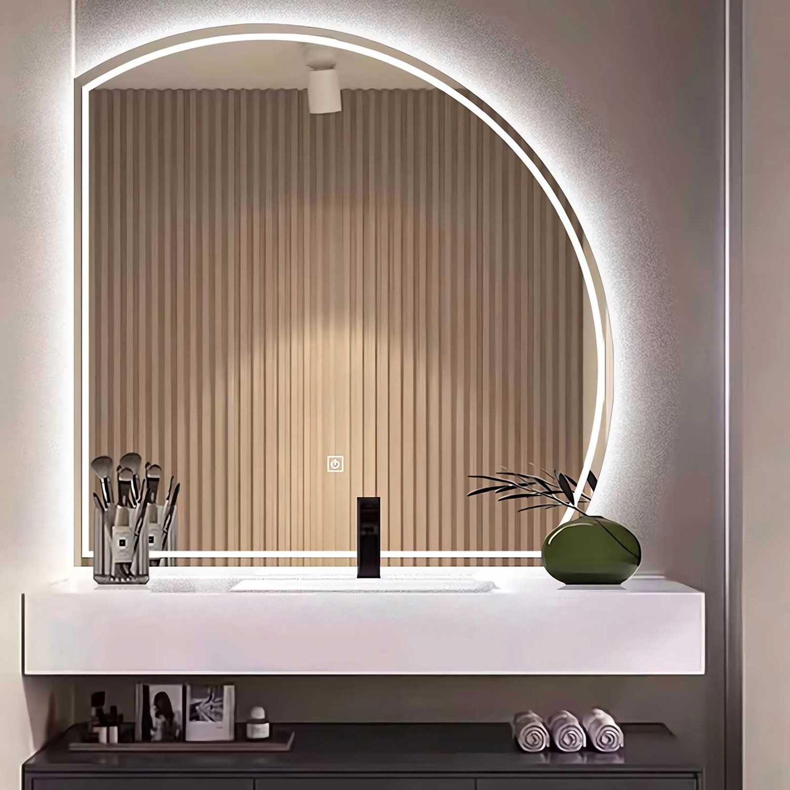 Semicircular Bathroom Mirror Lighted Vanity Wall LED Bathroom Mirror Modern Decorative Dimmable for The Living Room Bathroom Bedroom and Entryway(Left,60cm/24in)