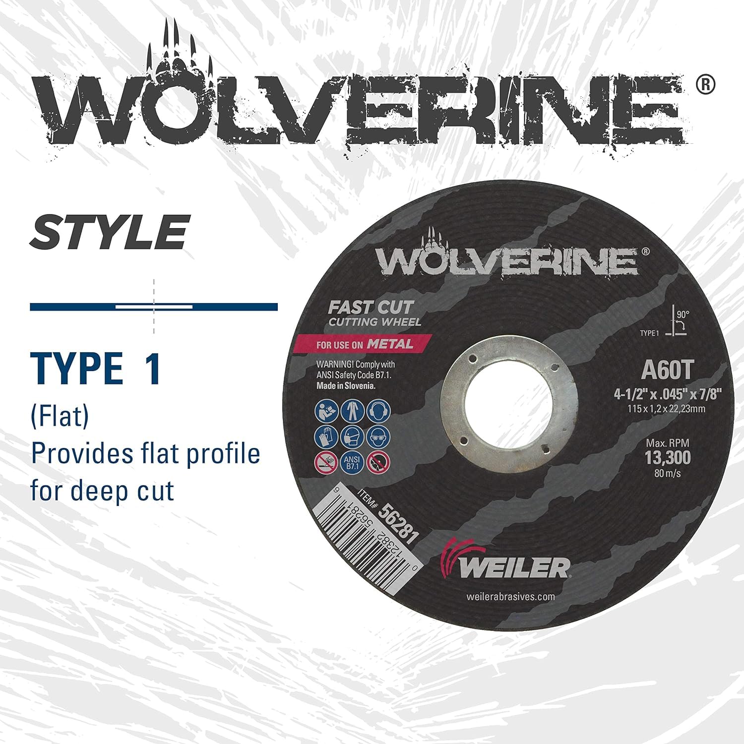 Weiler 56095 4 1/2" Cutting Wheel, 5 Pack, General Purpose Cut Off Wheel, All Metals, 4-1/2 Inch x .045" x 7/8" Wolverine Type 1, A60T, 7/8" A.H.