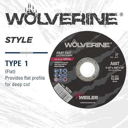 Miniatura 6 de Weiler 56095 Rueda de corte de 4 12 pulgadas, paquete de 5, rueda de corte de uso general, todos los metales, 4-12 pulgadas x .045 pulgadas x 78