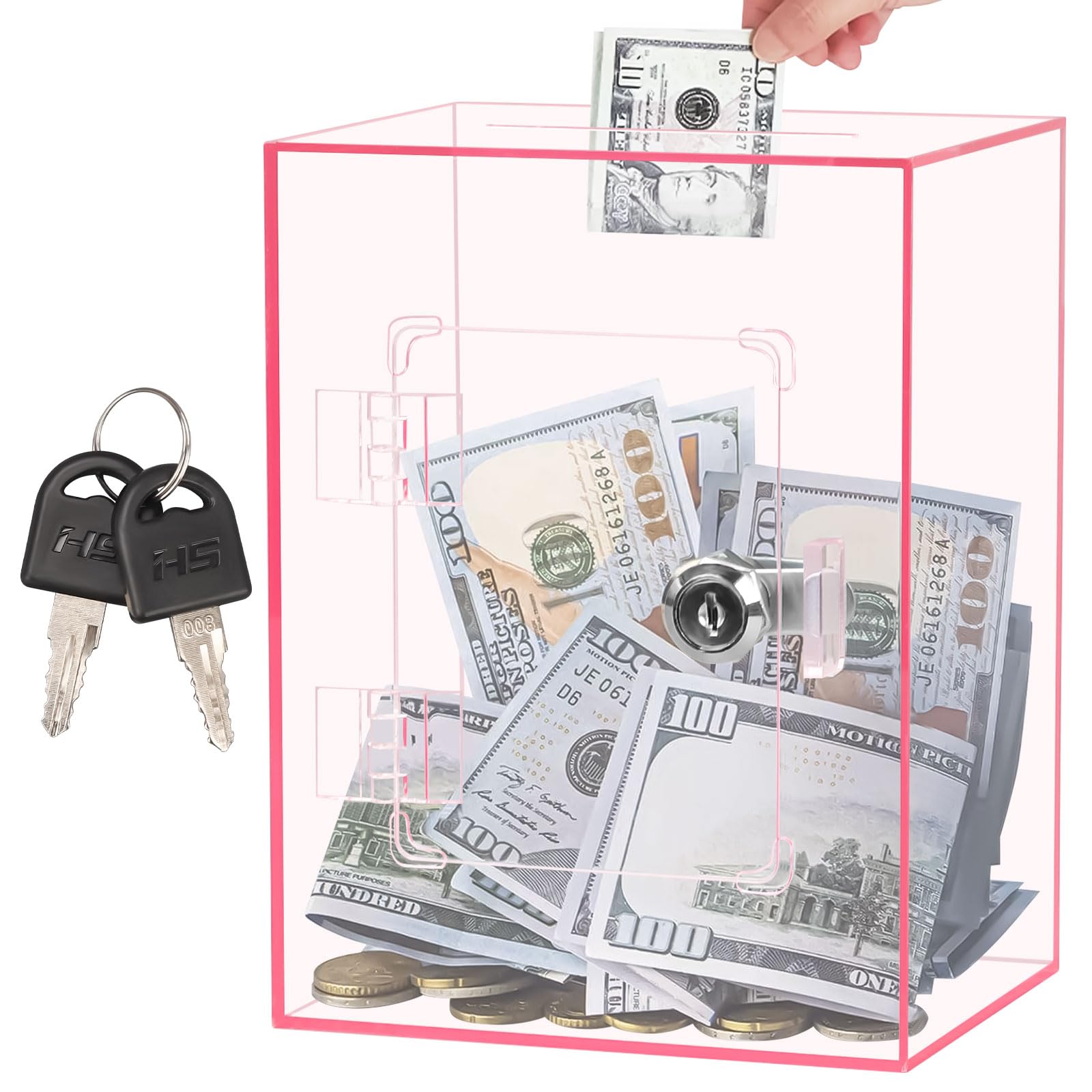 Hucha Transparente de Acrílico con Llave, 15x12x20cm, Caja de Donaciones con Cerradura, Contenedor para Monedas y Billetes
